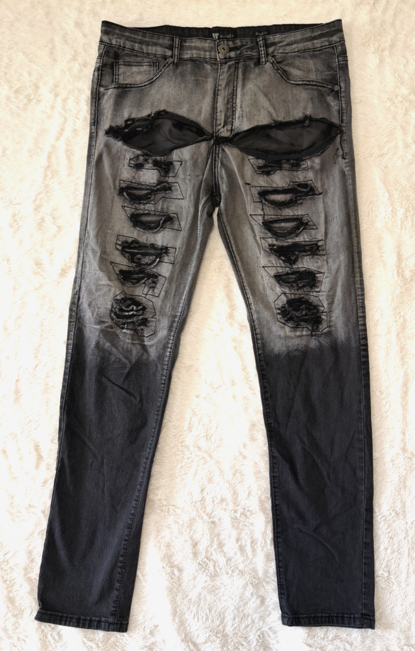 Waimea Mens Size 36x32 Gray Black Gradient Dip Dye Distressed Skinny Jeans
